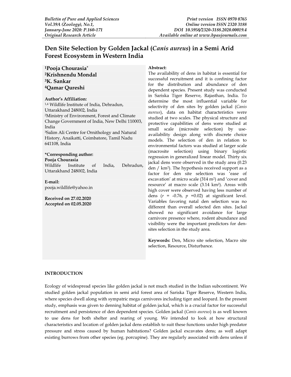 Den Site Selection by Golden Jackal (Canis Aureus) in a Semi Arid Forest Ecosystem in Western India