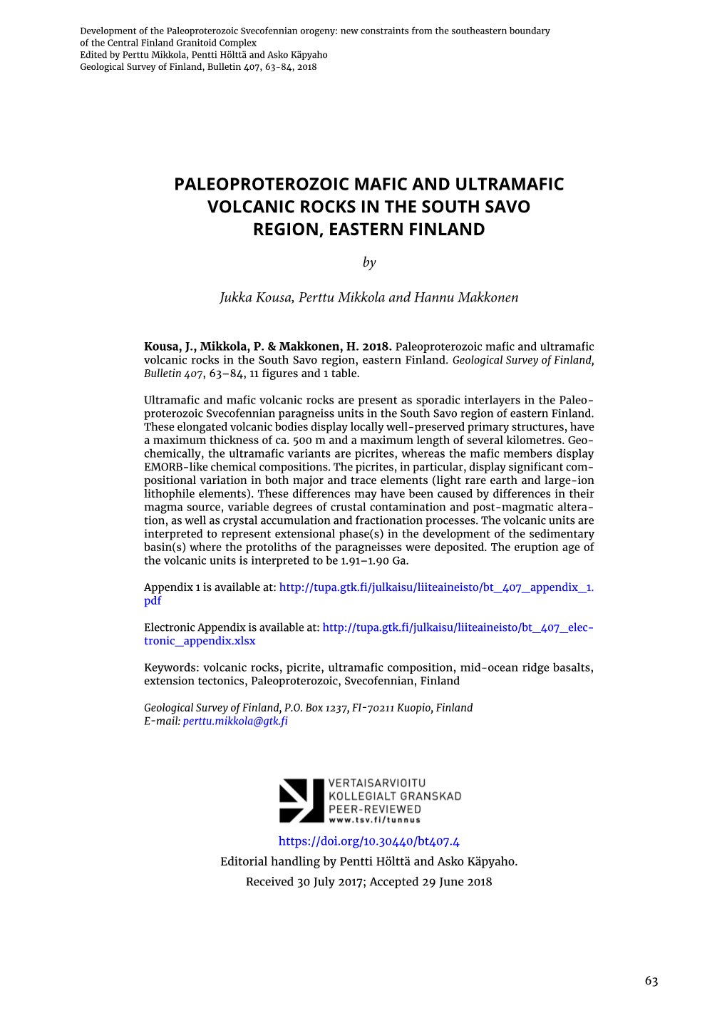 Paleoproterozoic Mafic and Ultramafic Volcanic Rocks in the South Savo Region, Eastern Finland