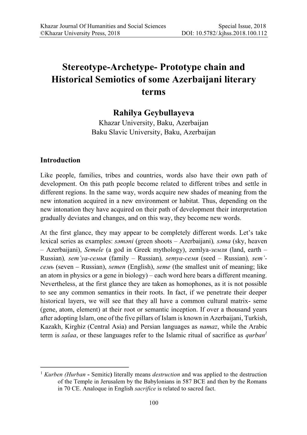 Stereotype-Archetype- Prototype Chain and Historical Semiotics of Some Azerbaijani Literary Terms