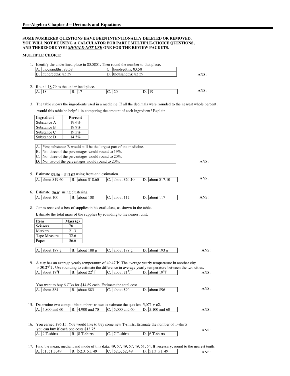 Pre-Algebra Chapter 3—Decimals and Equations