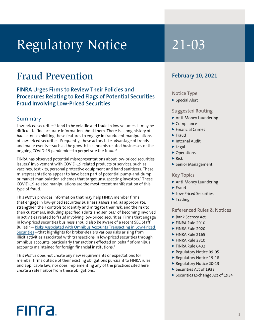 Regulatory Notice 21-03