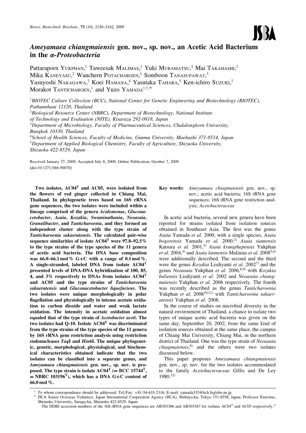 Ameyamaea Chiangmaiensis Gen. Nov., Sp. Nov., an Acetic Acid Bacterium in the -Proteobacteria