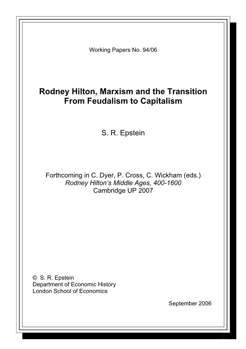 Rodney Hilton, Marxism and the Transition from Feudalism to Capitalism