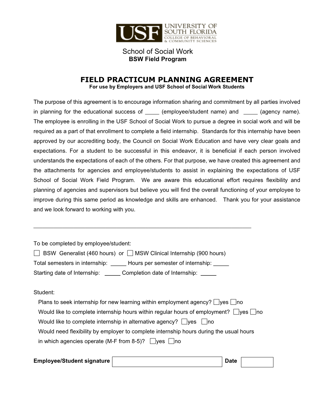 PLANNING AGREEMENT for Use by Employers and USF School of Social Work Students