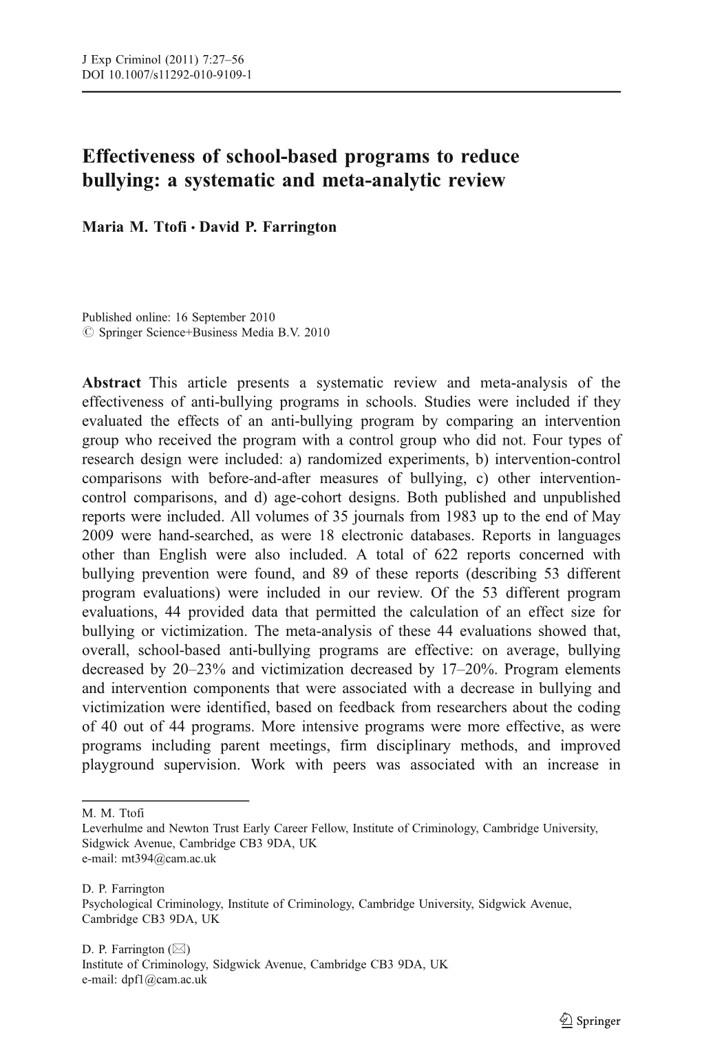 Effectiveness of School-Based Programs to Reduce Bullying: a Systematic and Meta-Analytic Review