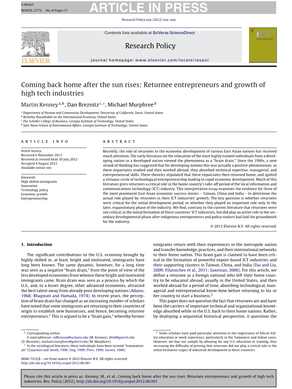 Coming Back Home After the Sun Rises: Returnee Entrepreneurs and Growth of High Tech Industries