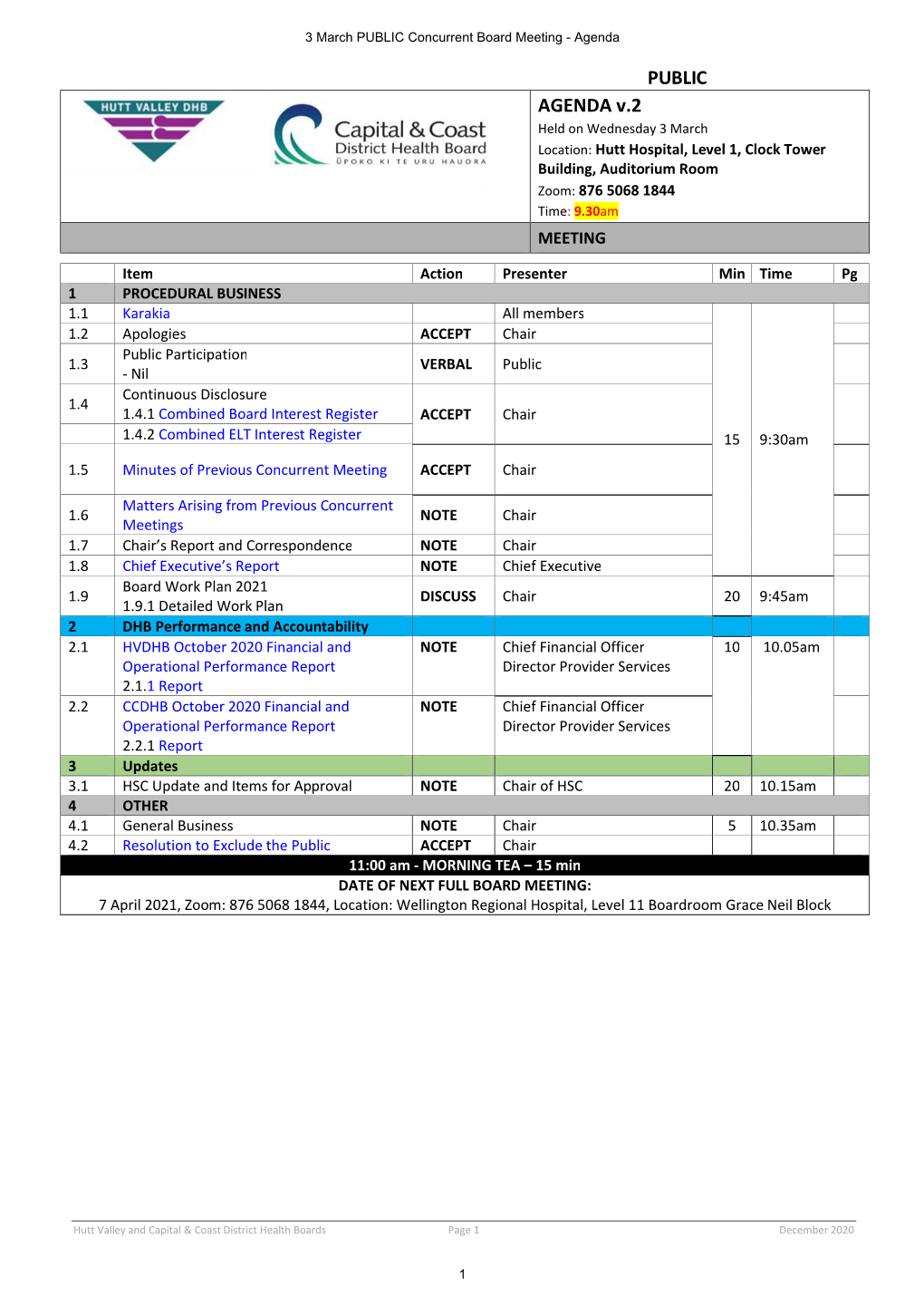 PUBLIC AGENDA V.2 Held on Wednesday 3 March Location: Hutt Hospital, Level 1, Clock Tower Building, Auditorium Room Zoom: 876 5068 1844 Time: 9.30Am MEETING