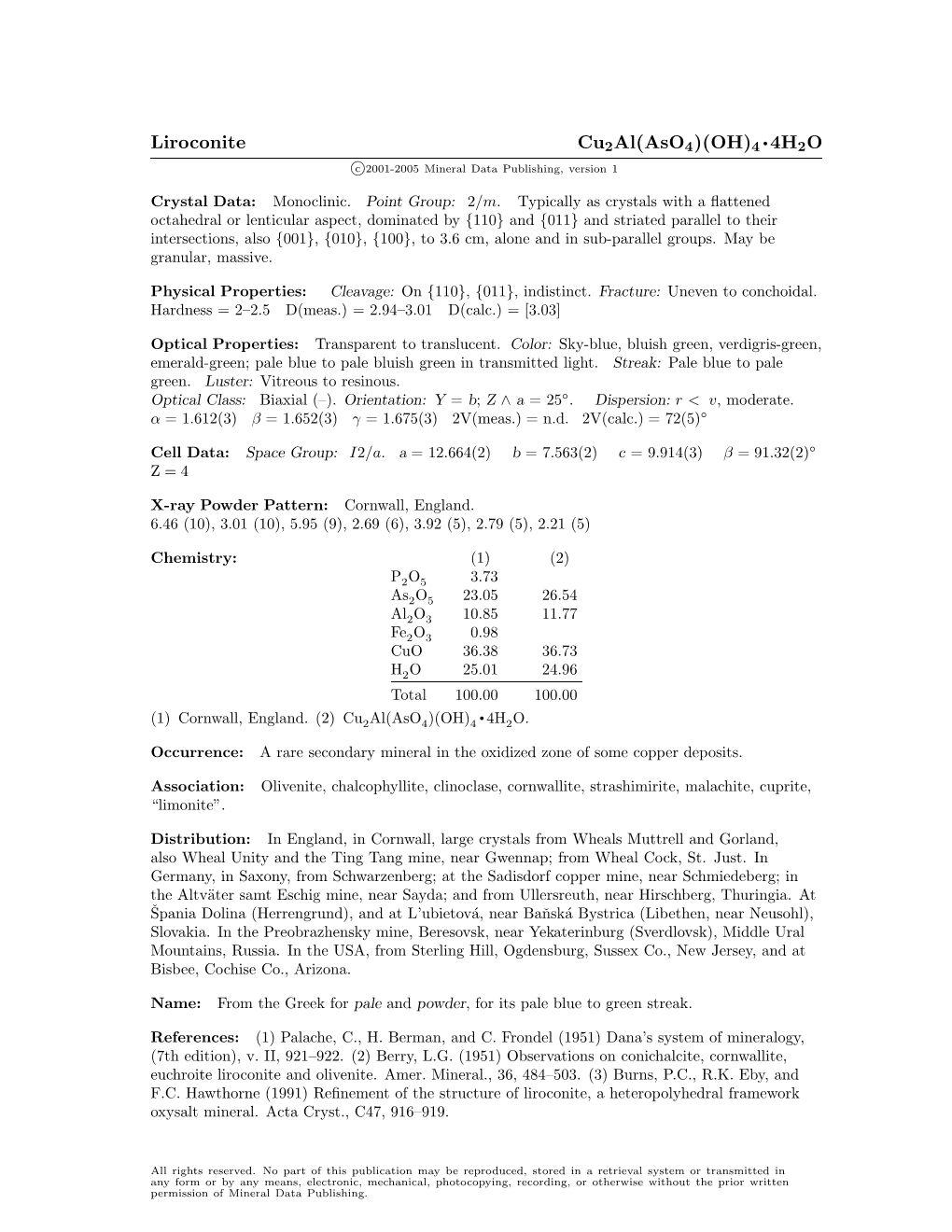 Liroconite Cu2al(Aso4)(OH)4 • 4H2O C 2001-2005 Mineral Data Publishing, Version 1