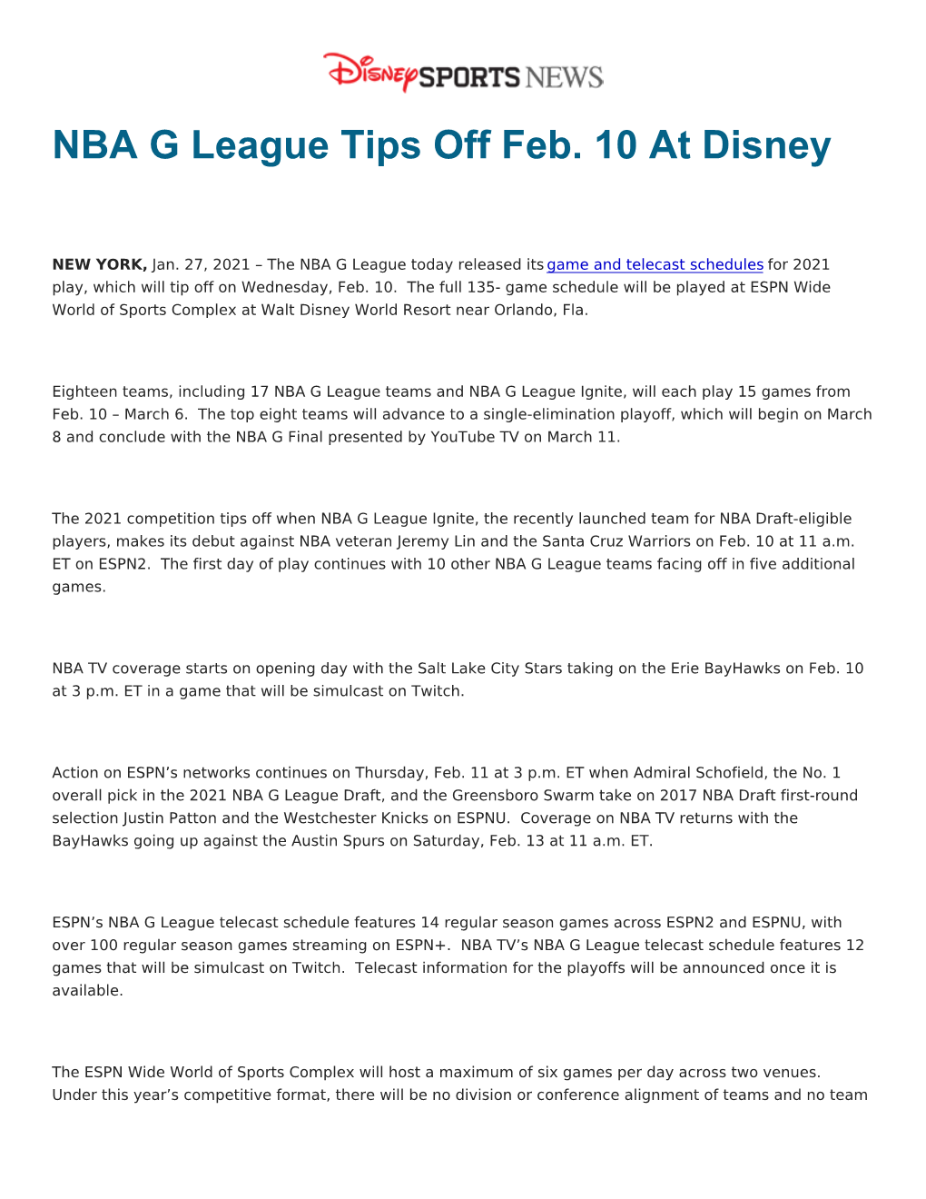 NBA G League Tips Off Feb. 10 at Disney