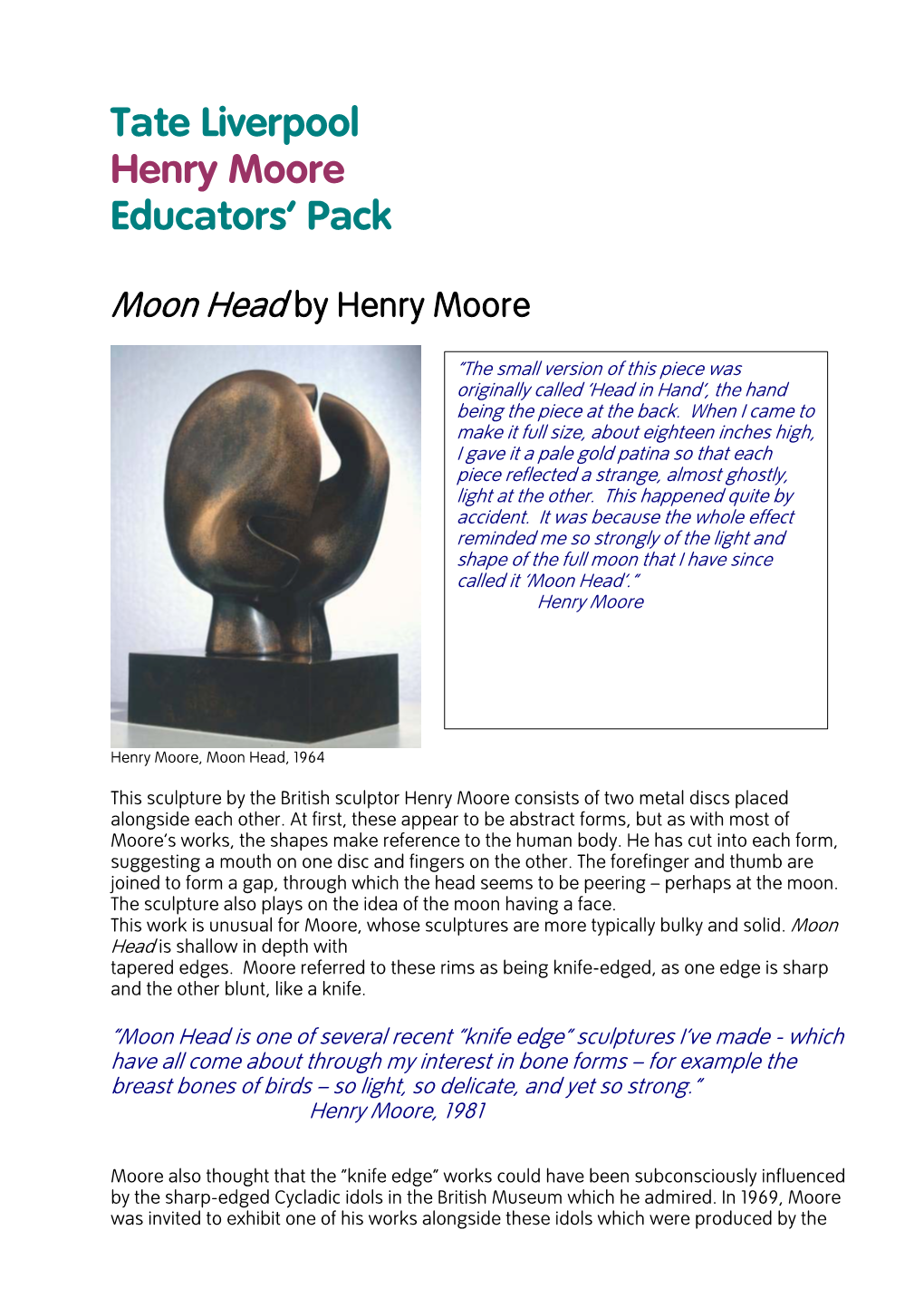 Tate Liverpool Henry Moore Educators' Pack