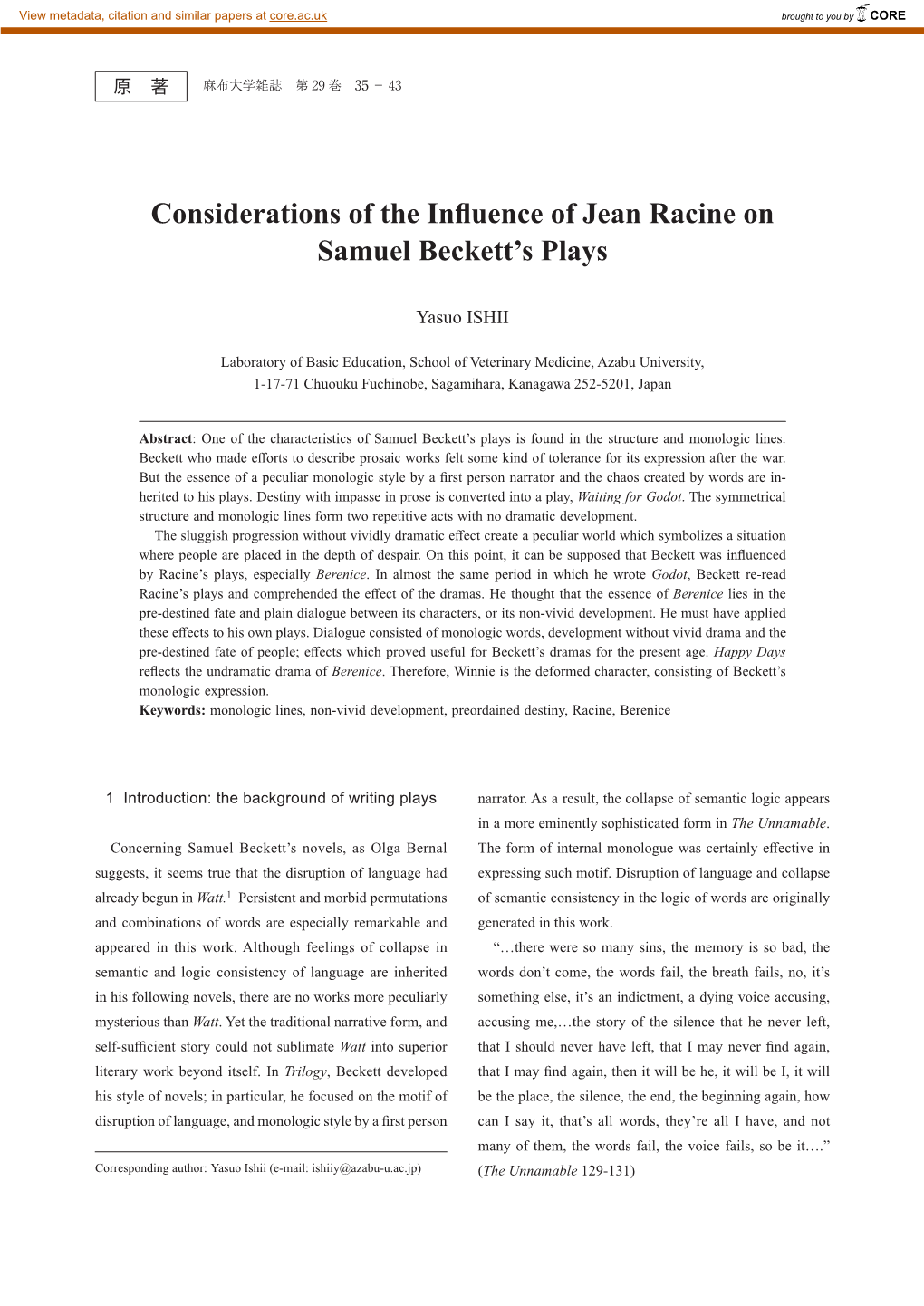 Considerations of the Influence of Jean Racine on Samuel Beckett's Plays