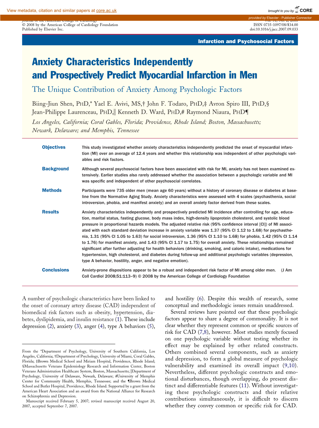 Anxiety Characteristics Independently and Prospectively Predict Myocardial Infarction in Men the Unique Contribution of Anxiety Among Psychologic Factors