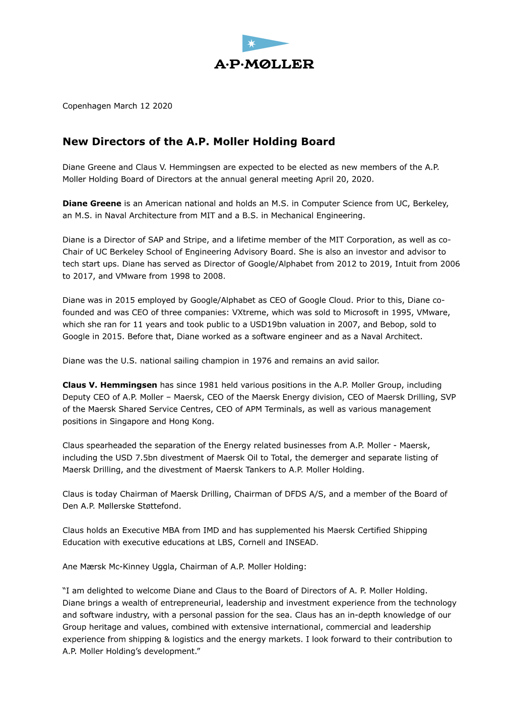 New Directors of the A.P. Moller Holding Board