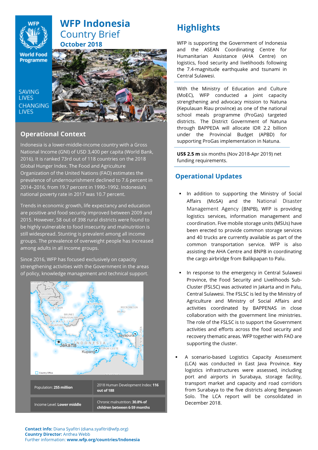 WFP Indonesia Country Brief (GFFO), the Office of U.S