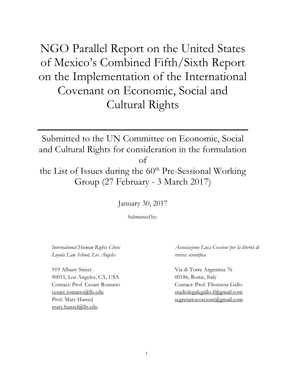 NGO Parallel Report on the United States of Mexico's Combined