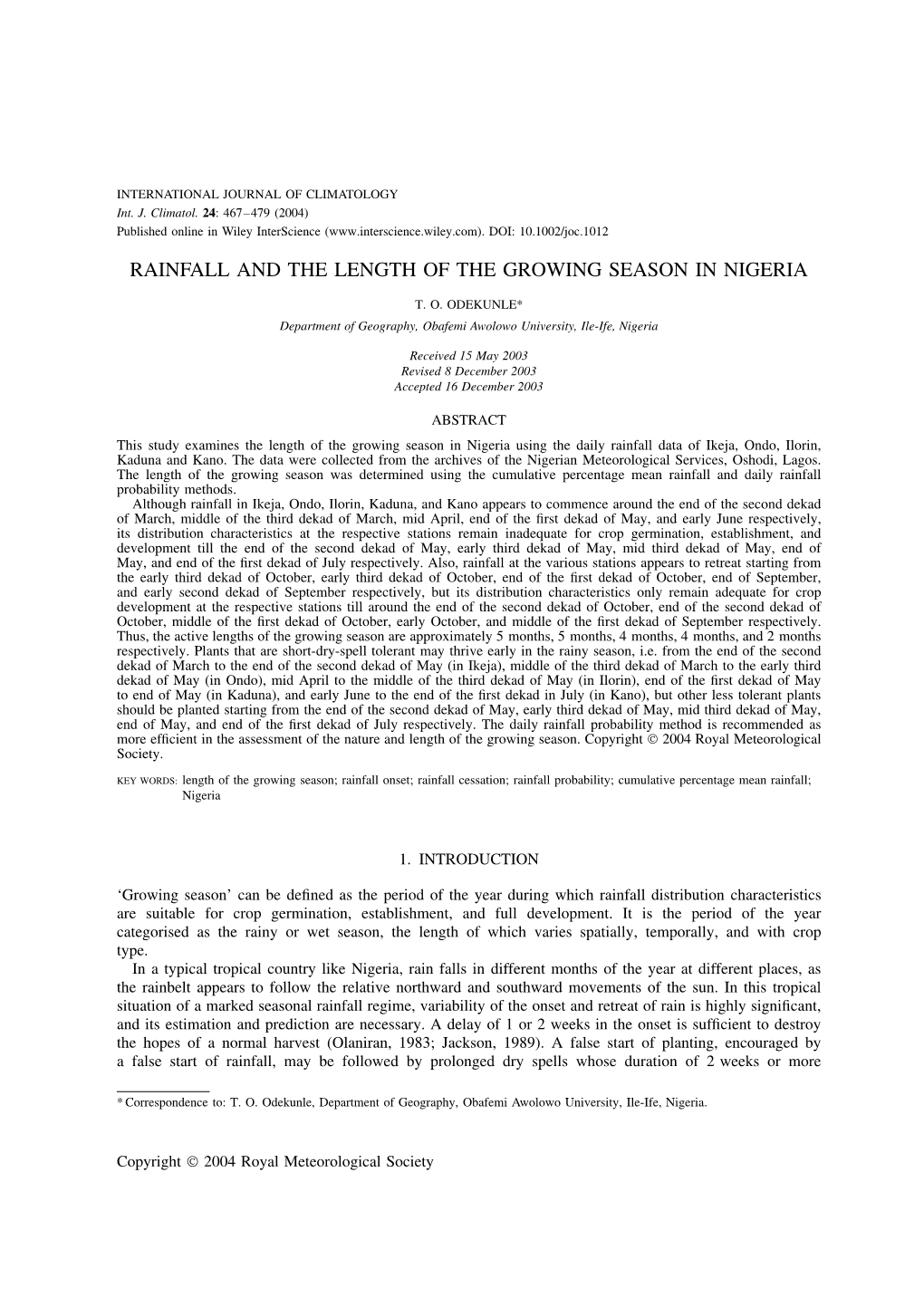 Rainfall and the Length of the Growing Season in Nigeria