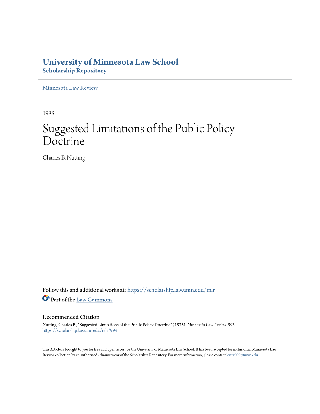 Suggested Limitations of the Public Policy Doctrine Charles B