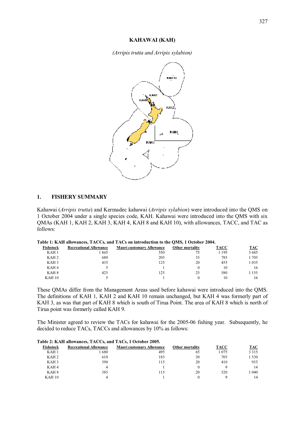 (Arripis Trutta) and Kermadec Kahawai (Arripis Xylabion) Were Introduced Into the QMS on 1 October 2004 Under a Single Species Code, KAH