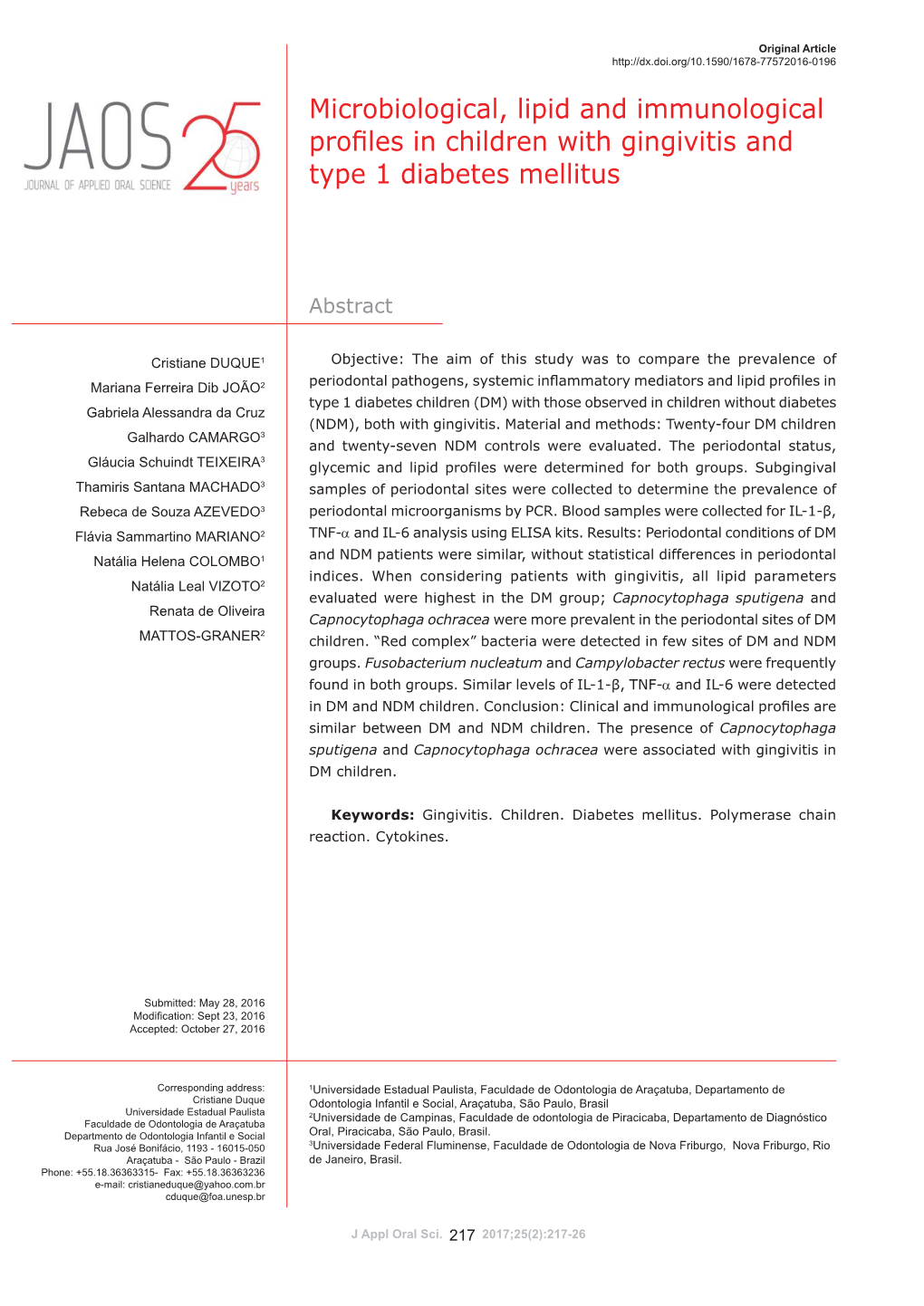 Microbiological, Lipid and Immunological Profiles in Children