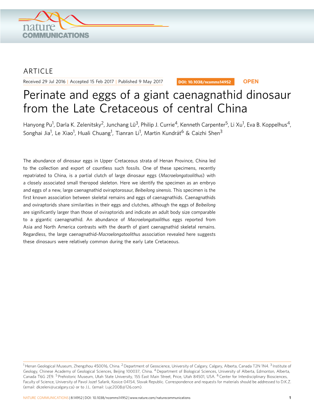 Perinate and Eggs of a Giant Caenagnathid Dinosaur from the Late Cretaceous of Central China