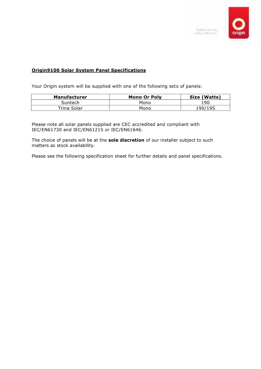 Origin 9100 Solar Panel Brochure