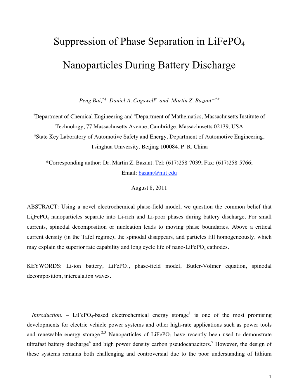 Suppression of Phase Separation in Lifepo4 Nanoparticles