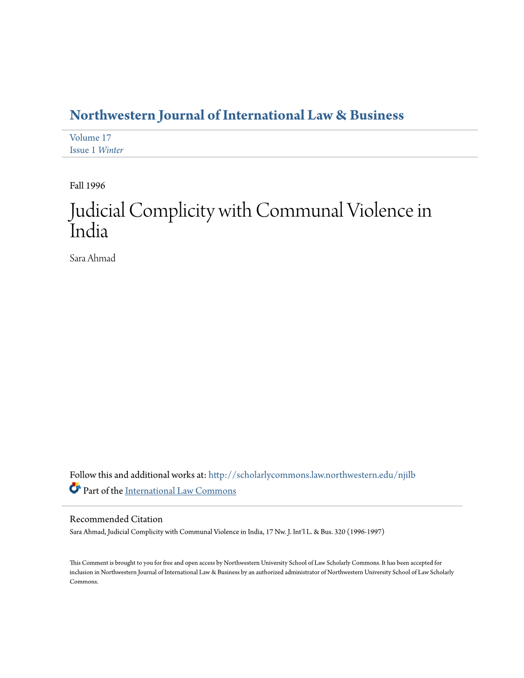 Judicial Complicity with Communal Violence in India Sara Ahmad