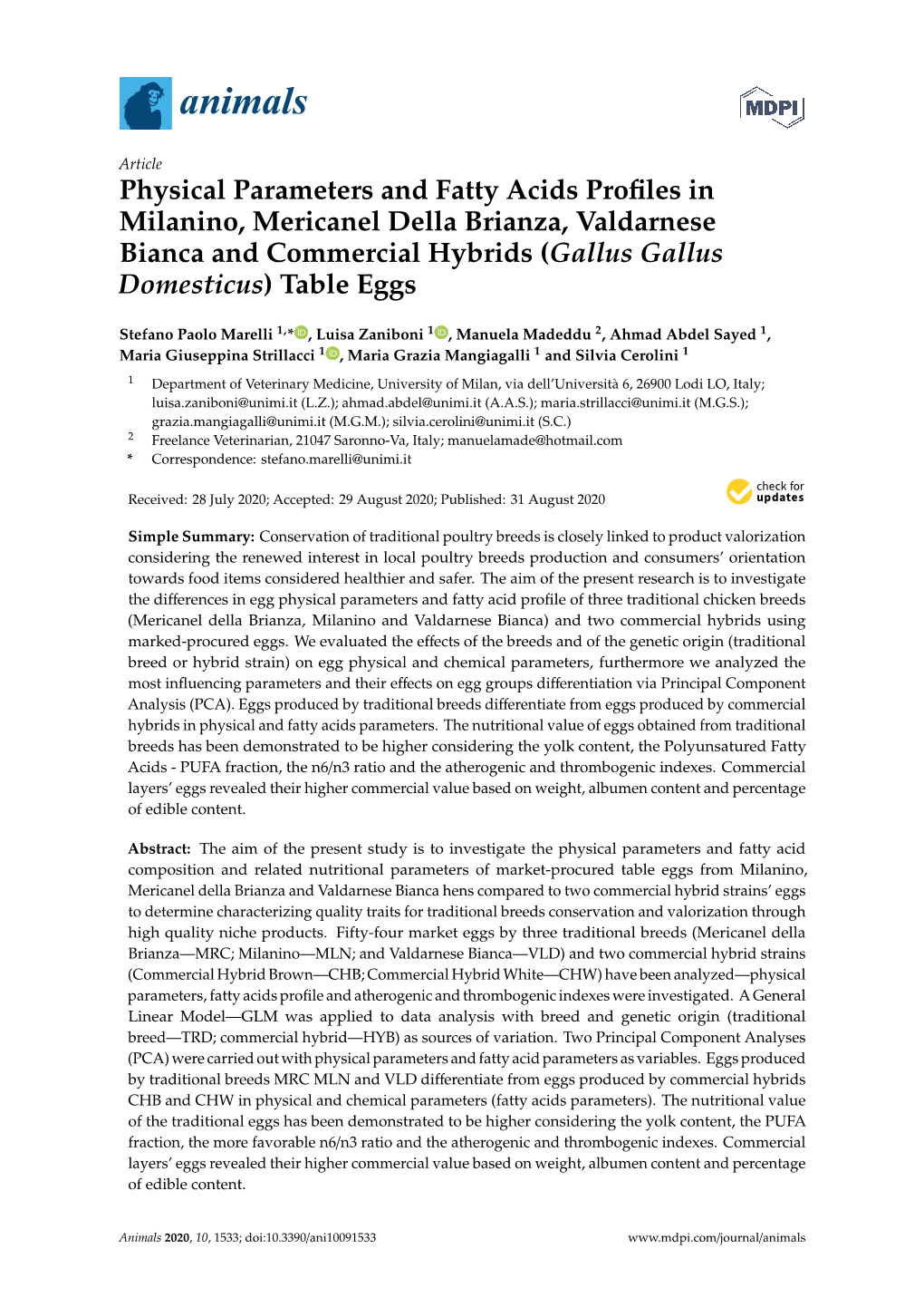 Physical Parameters and Fatty Acids Profiles in Milanino