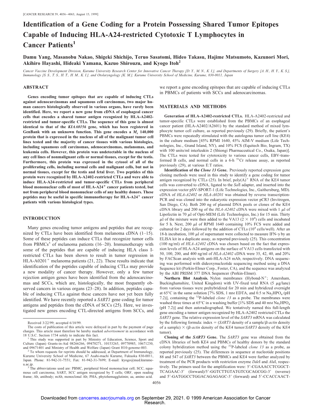 Identification of a Gene Coding for a Protein Possessing Shared Tumor Epitopes Capable of Inducing HLA-A24-Restricted Cytotoxic T Lymphocytes in Cancer Patients1