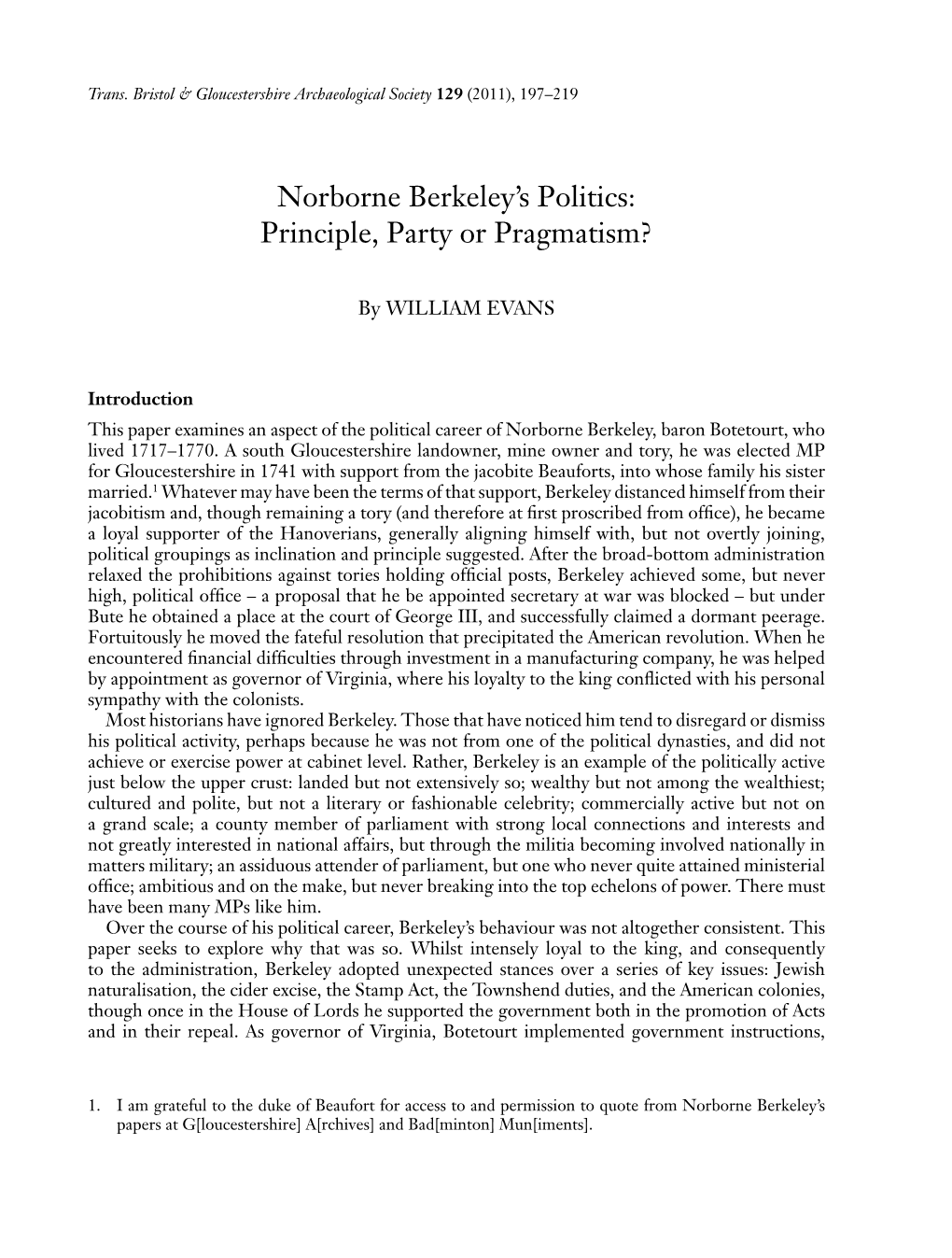 Norborne Berkeley's Politics.Indd 197 25/01/2012 09:55 198 William Evans