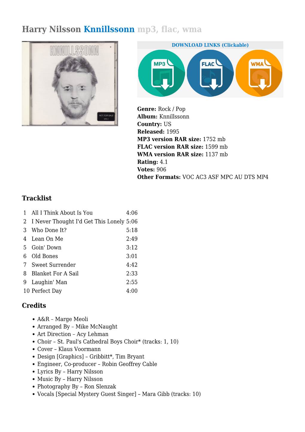 Harry Nilsson Knnillssonn Mp3, Flac, Wma