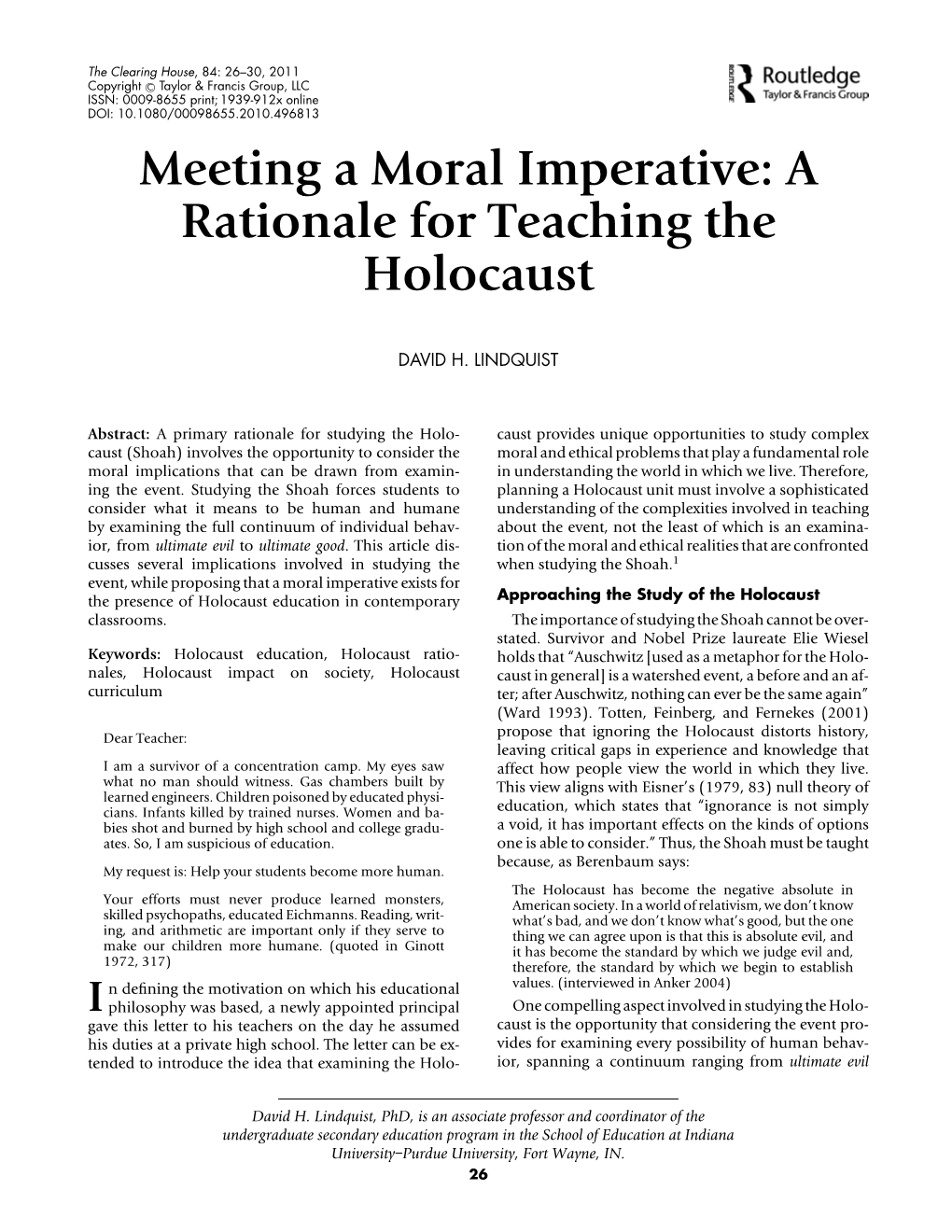 Meeting a Moral Imperative: a Rationale for Teaching the Holocaust