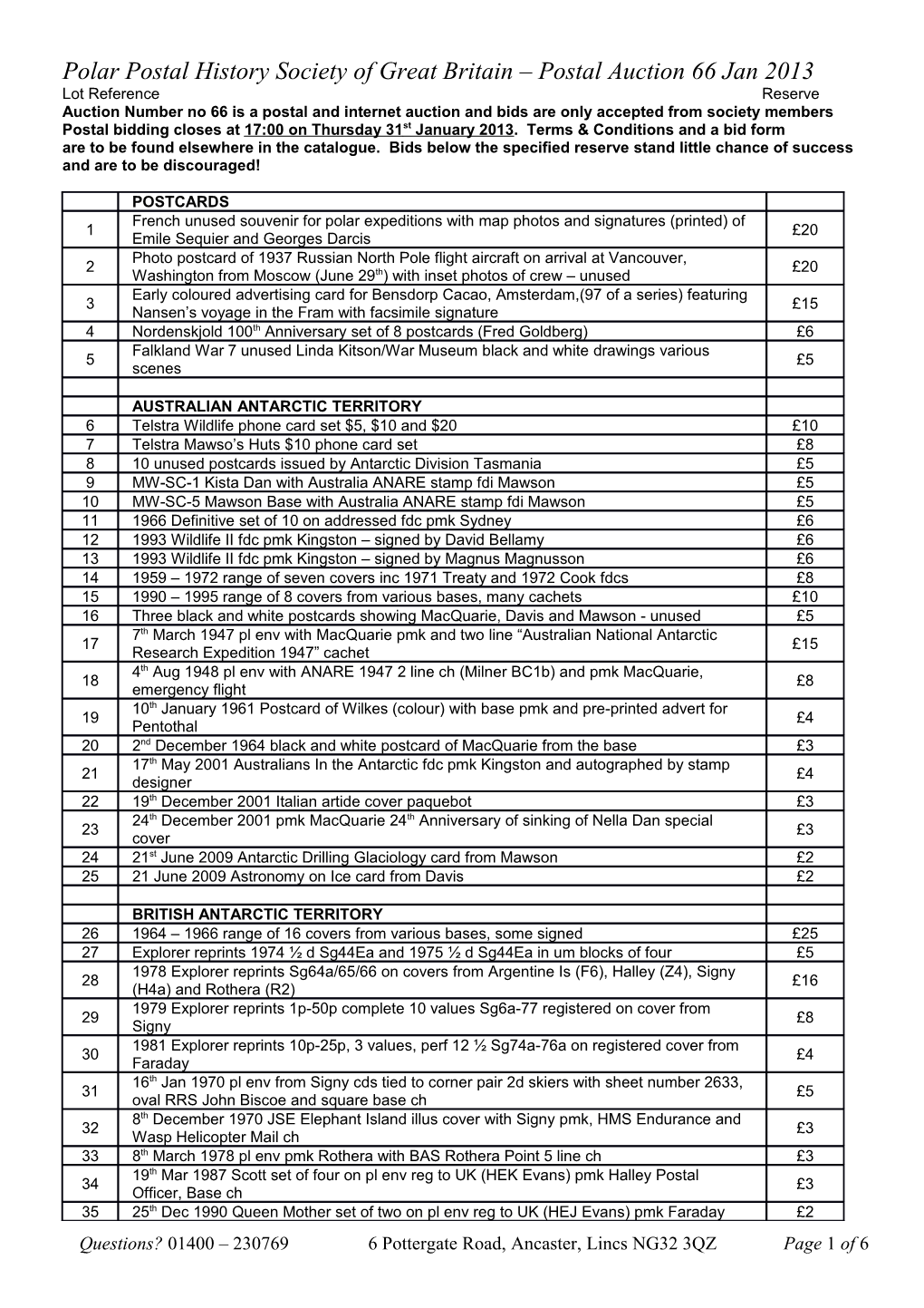 Polar Postal History Society of Great Britain Postal Auction 66 Jan 2013