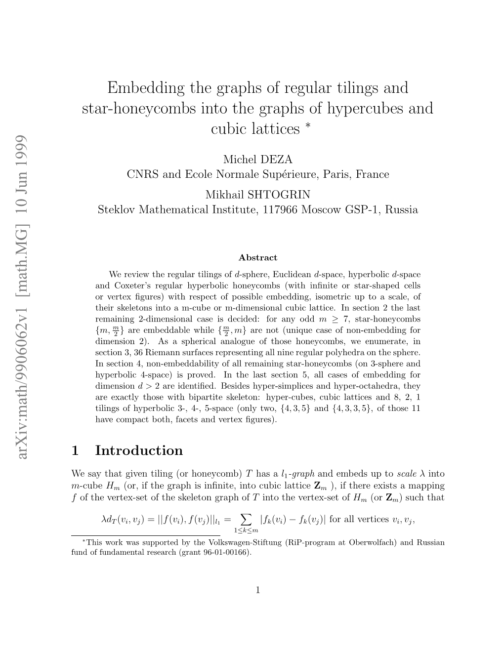 Arxiv:Math/9906062V1 [Math.MG] 10 Jun 1999 Udo Udmna Eerh(Rn 96-01-00166)