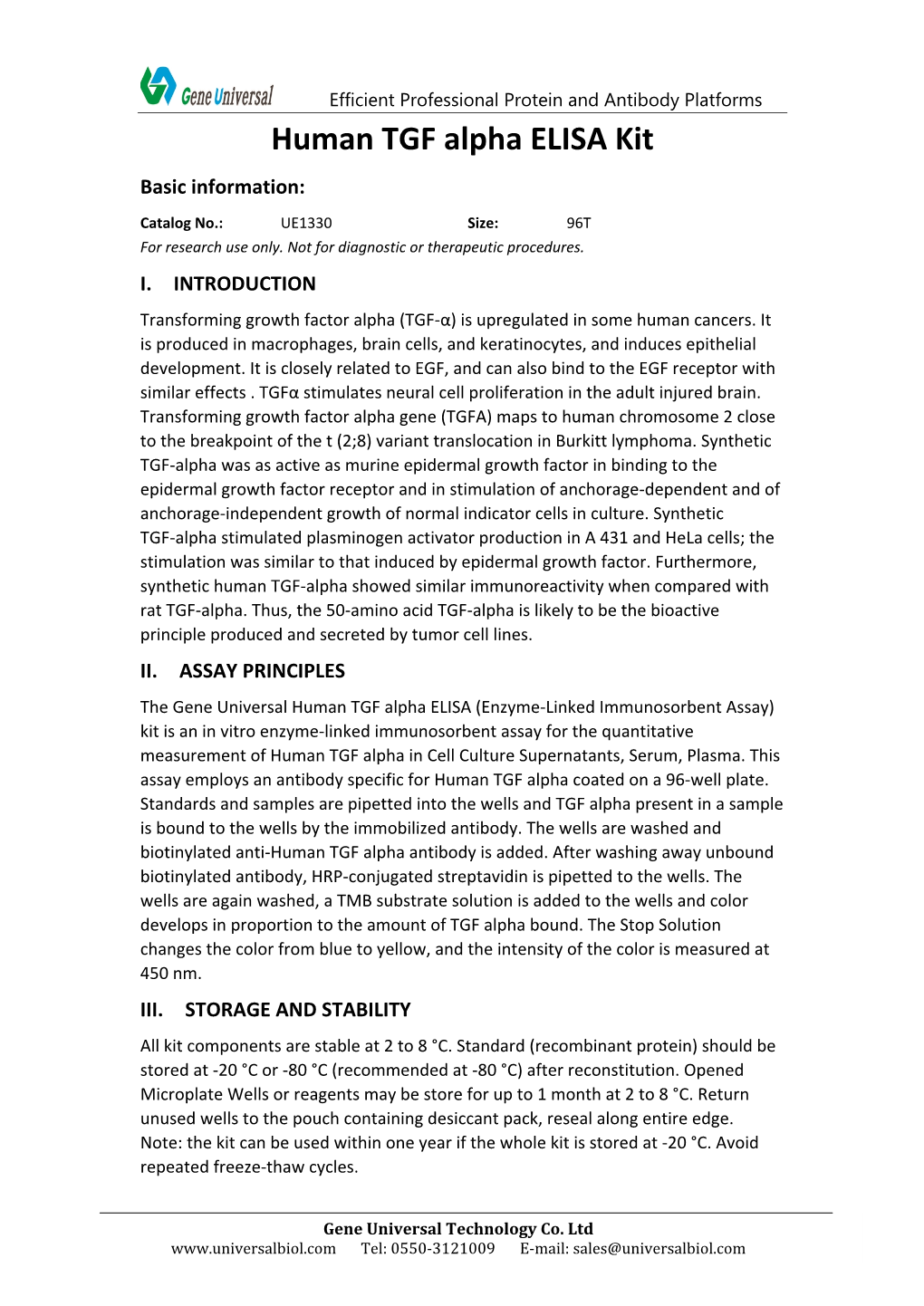 Human TGF Alpha ELISA Kit Basic Information: Catalog No.: UE1330 Size: 96T for Research Use Only