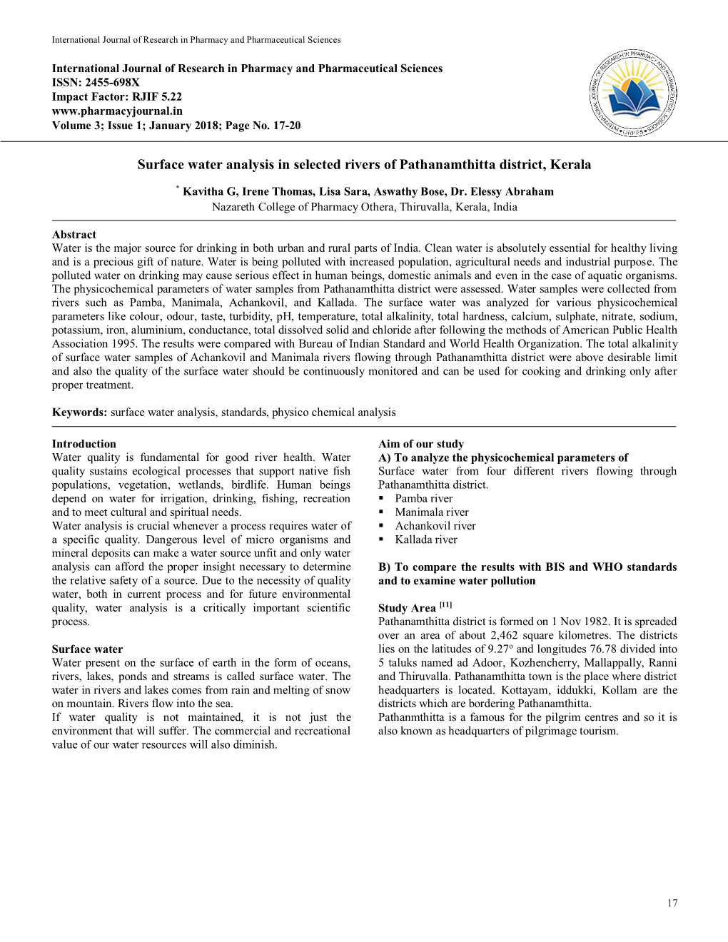 Surface Water Analysis in Selected Rivers of Pathanamthitta District, Kerala