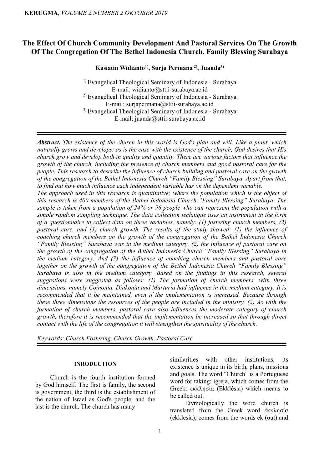 The Effect of Church Community Development and Pastoral Services on the Growth of the Congregation of the Bethel Indonesia Church, Family Blessing Surabaya