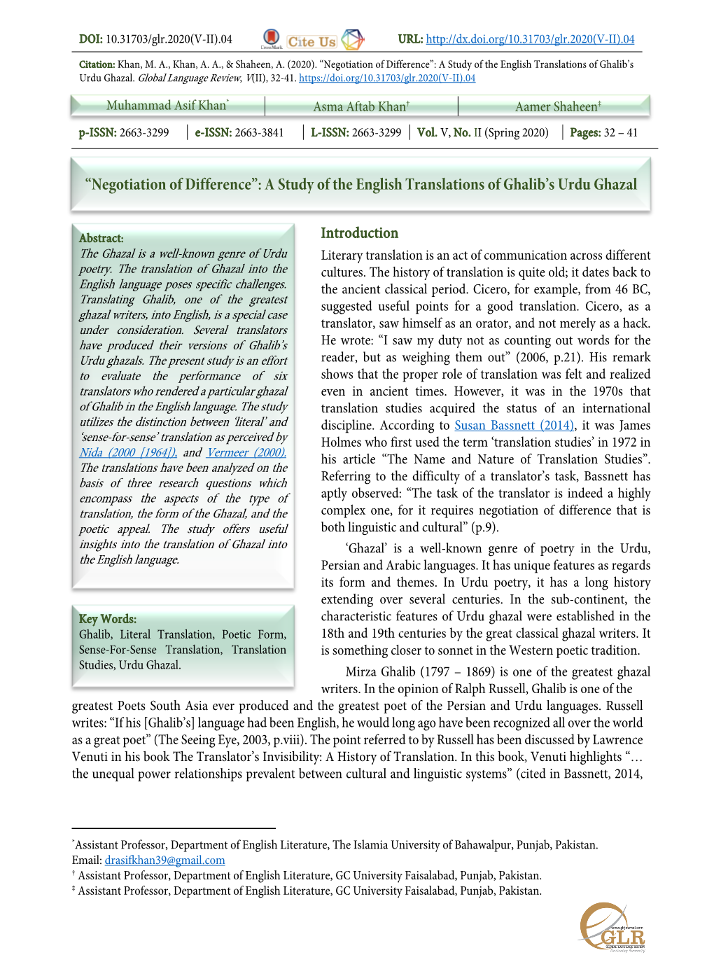 A Study of the English Translations of Ghalib's Urdu Ghazal