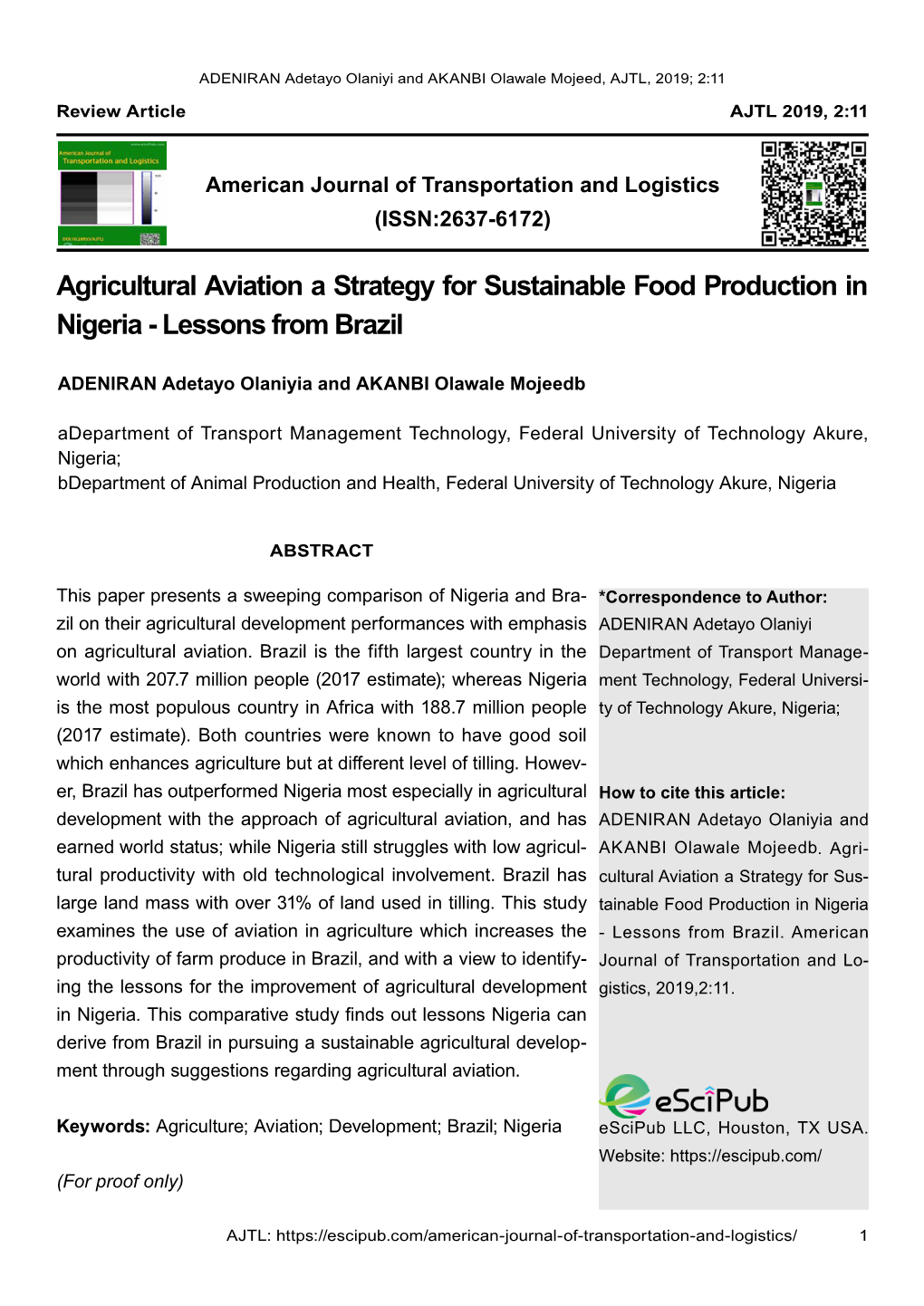 Agricultural Aviation a Strategy for Sustainable Food Production in Nigeria - Lessons from Brazil