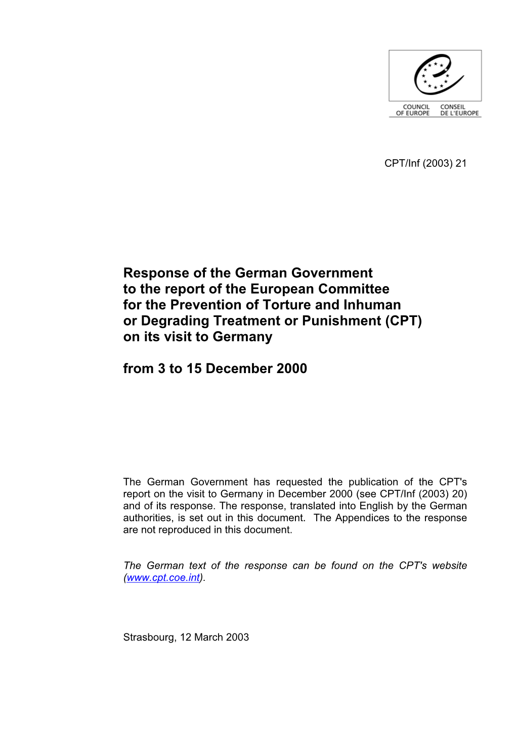 Response of the German Government to the Report of the European