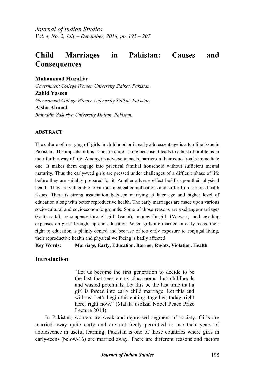 Child Marriages in Pakistan: Causes and Consequences