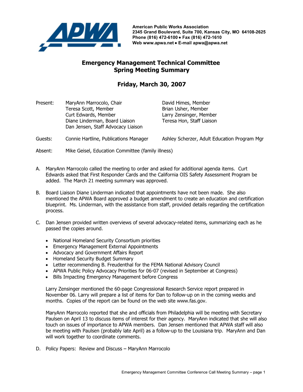 Emergency Management Technical Committee Spring Meeting Agenda