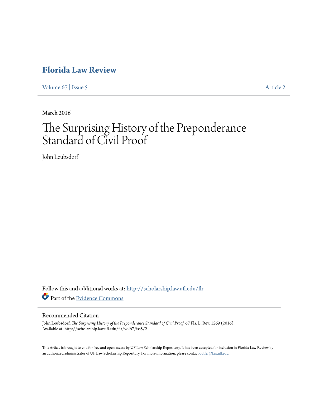 The Surprising History of the Preponderance Standard of Civil Proof, 67 Fla