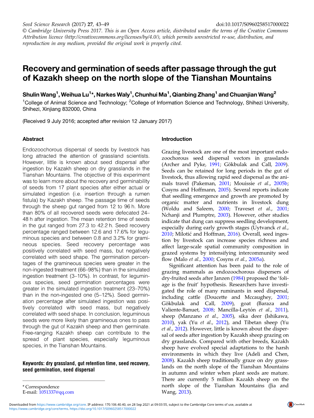 Recovery and Germination of Seeds After Passage Through the Gut of Kazakh Sheep on the North Slope of the Tianshan Mountains