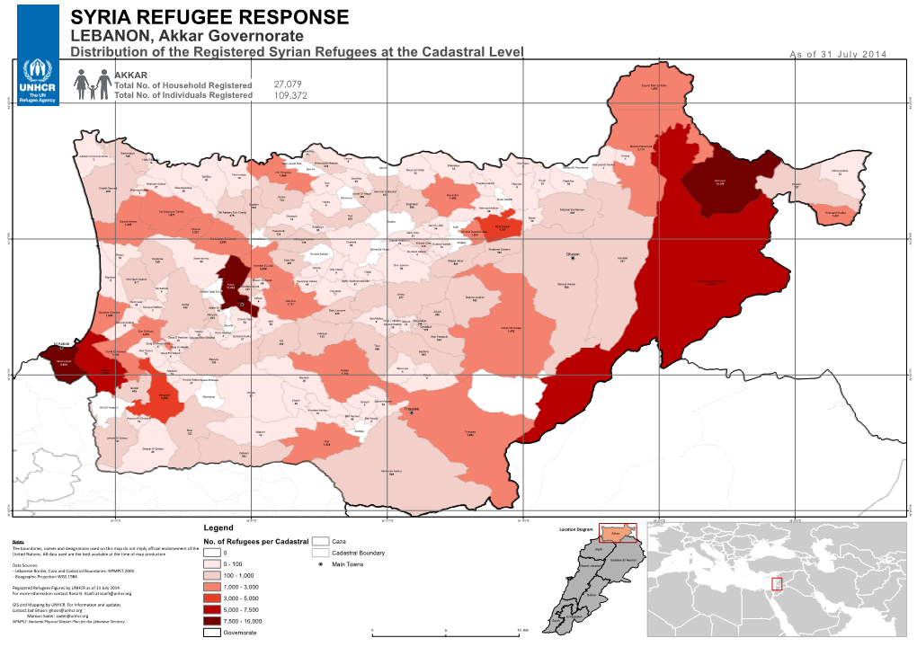 SYRIA REFUGEE RESPONSE LEBANON, Akkar Governorate Distribution of the Registered Syrian Refugees at the Cadastral Level As O F 31 J Ul Y 2 0 1 4