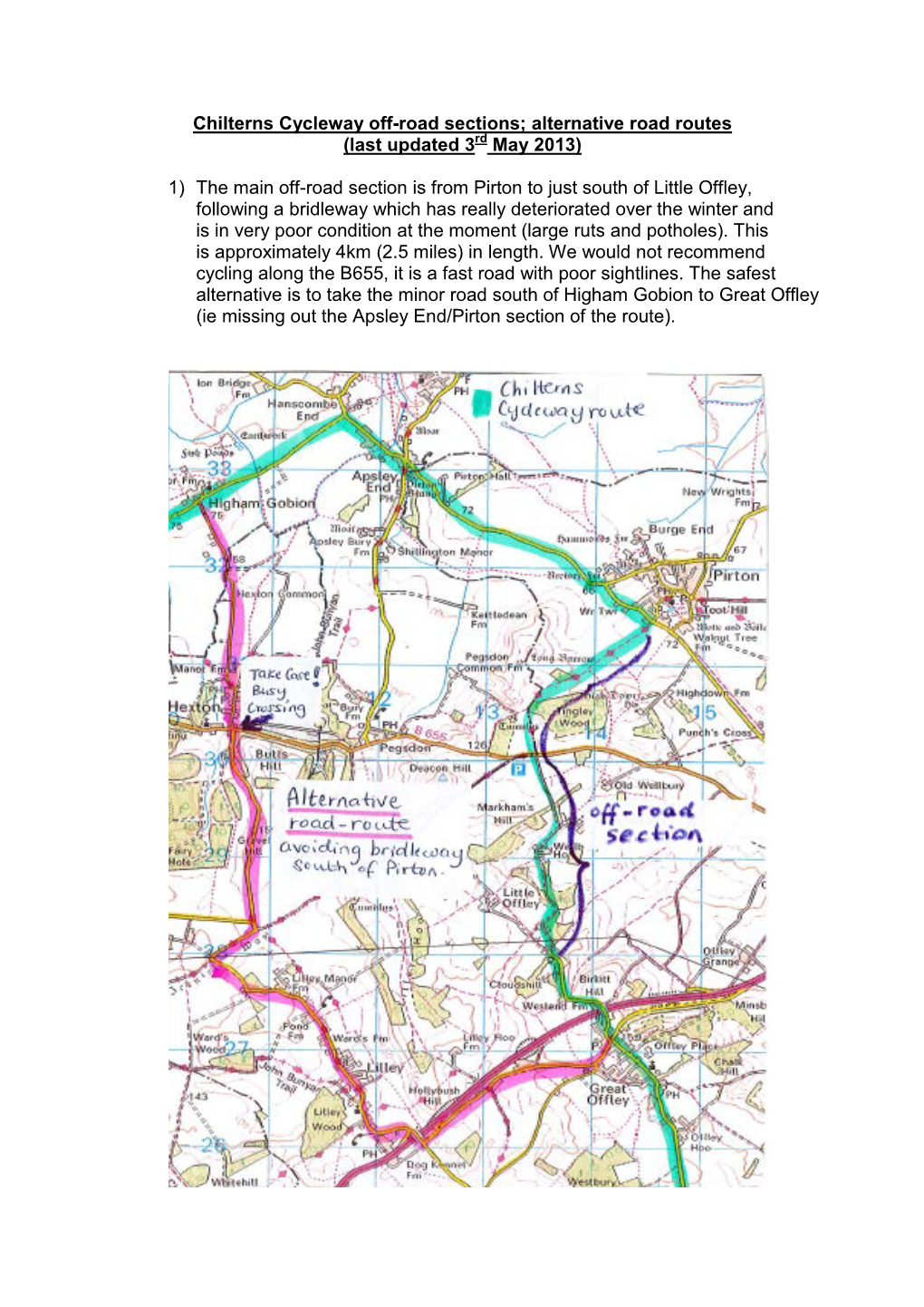 Chilterns Cycleway Off-Road Sections; Alternative Road Routes (Last Updated 3Rd May 2013)