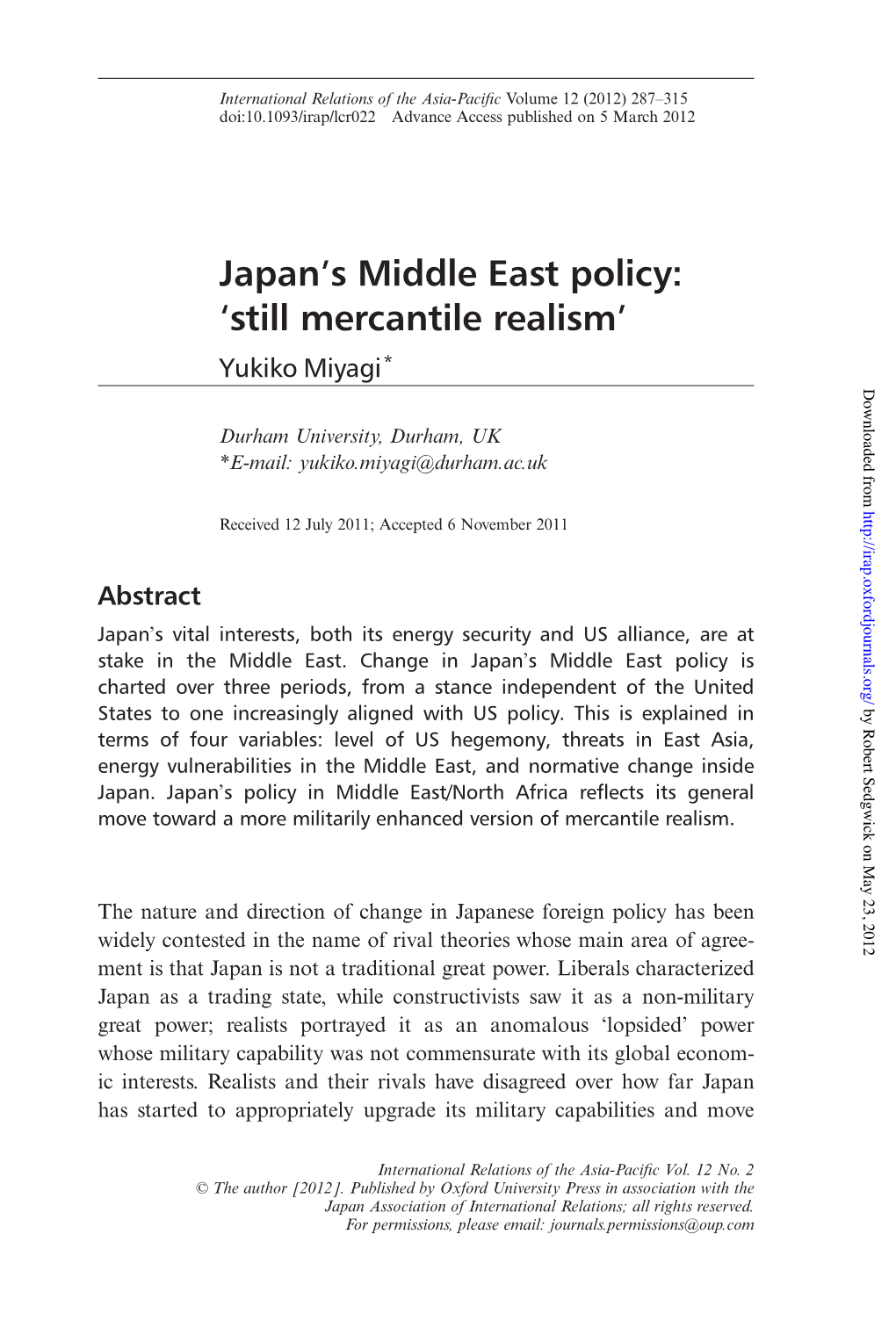 Japan's Middle East Policy: 'Still Mercantile Realism'