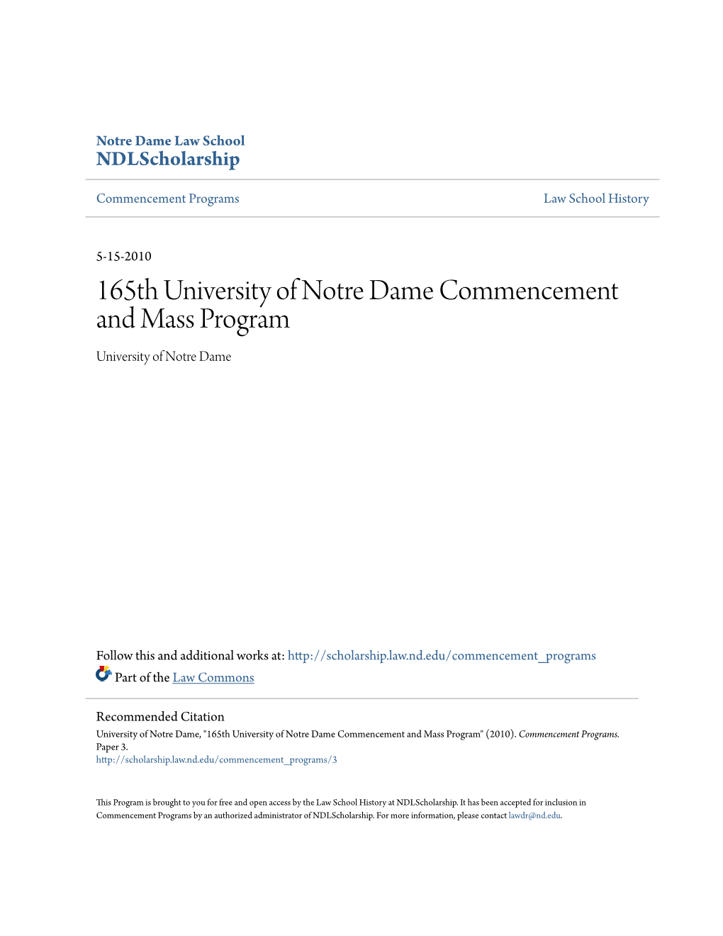 165Th University of Notre Dame Commencement and Mass Program University of Notre Dame