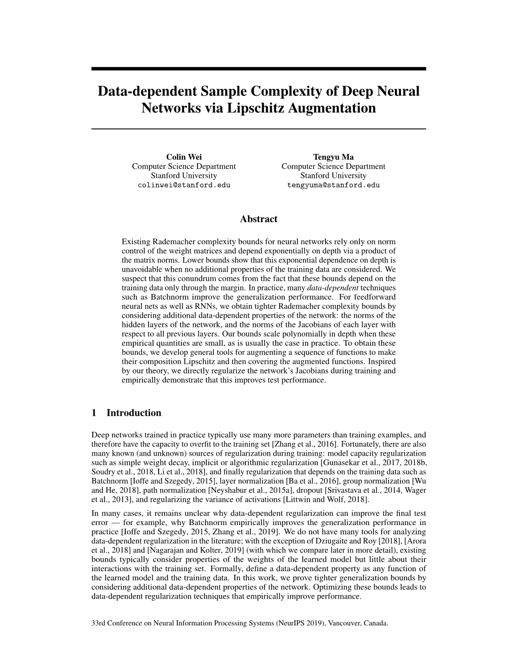 Data-Dependent Sample Complexity of Deep Neural Networks Via Lipschitz Augmentation