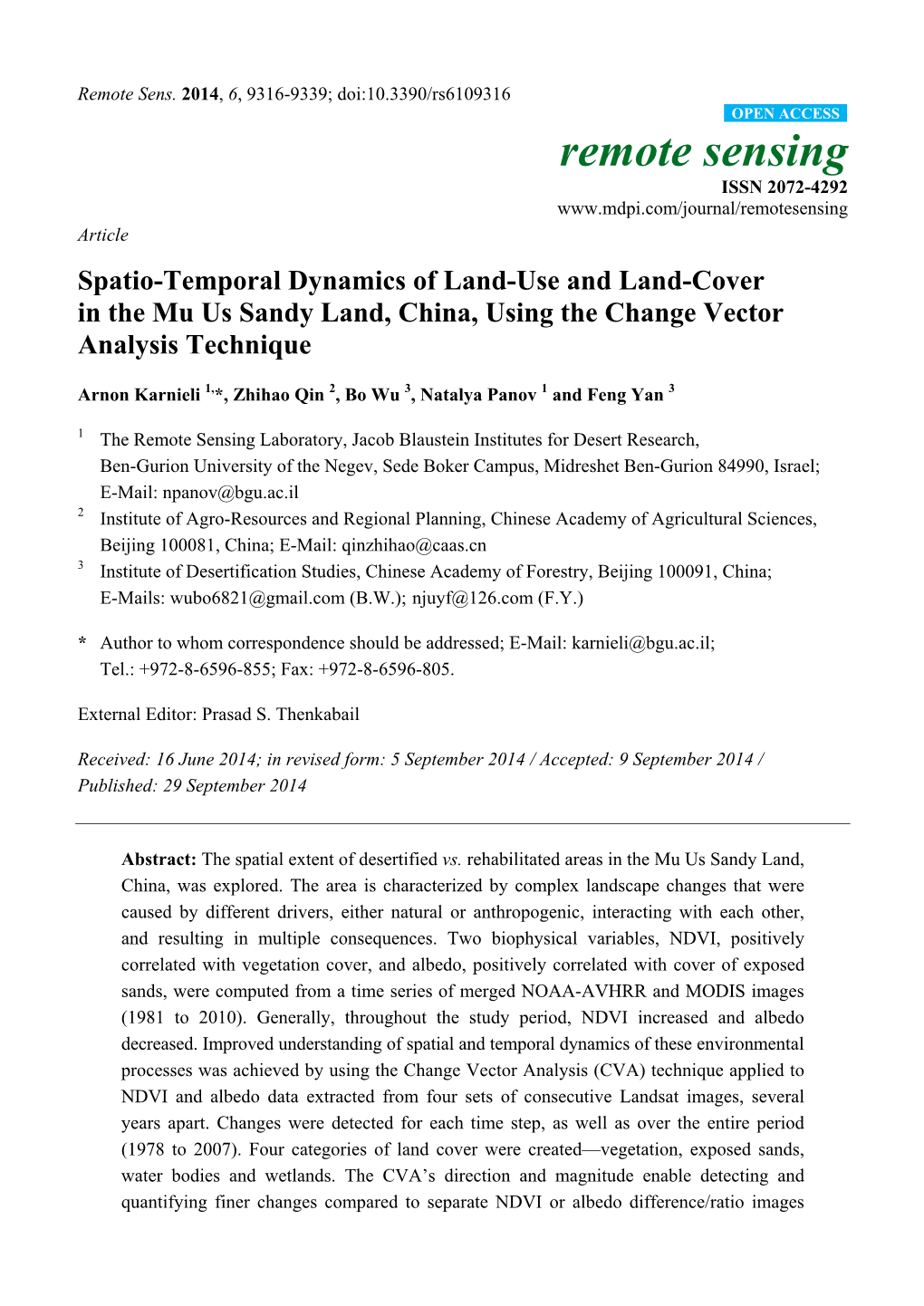 Spatio-Temporal Dynamics of Land-Use and Land-Cover in the Mu Us Sandy Land, China, Using the Change Vector Analysis Technique